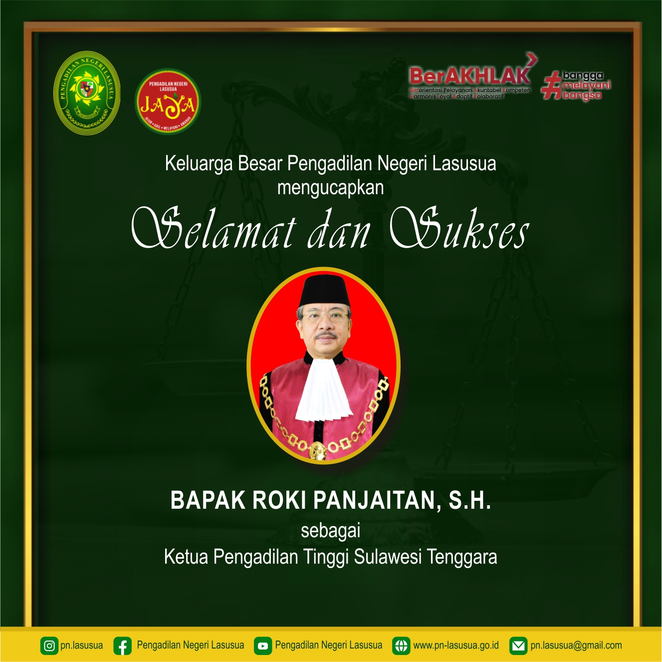 Ucapan Selamat atas Pelantikan dan Pengambilan Sumpah Ketua Pengadilan Tinggi Sulawesi Tenggara